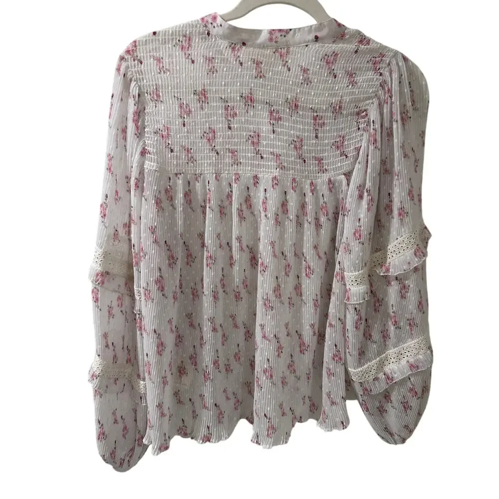 Let Me Be Floral Blouse Size US 4 Pink White Crinkle Chiffon Ruffle Lace Sleeve
